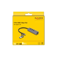 DeLock 3 Port USB 5 Gbps Hub+ Gigabit LAN mit Type-C oder